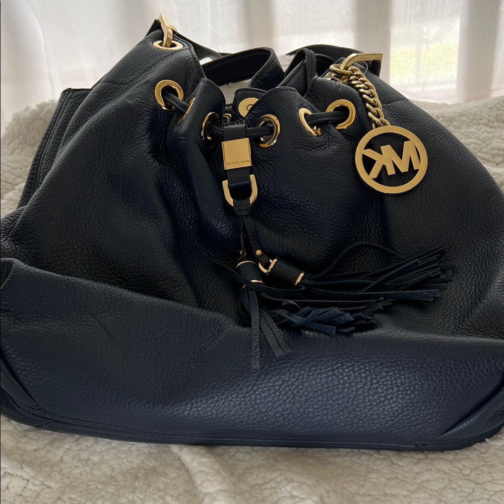 Michael Kors Navy Leather Drawstring Shoulder Bag